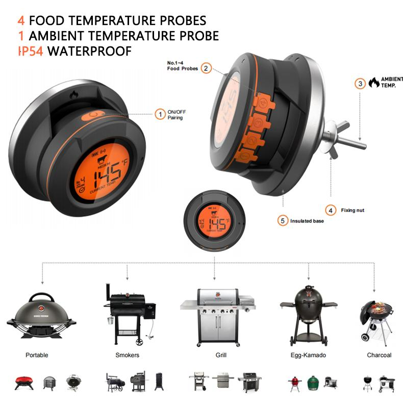 5in1 Smart Household Wireless Remote BBQ Thermometer for Smoker Kitchen Cooking Grill