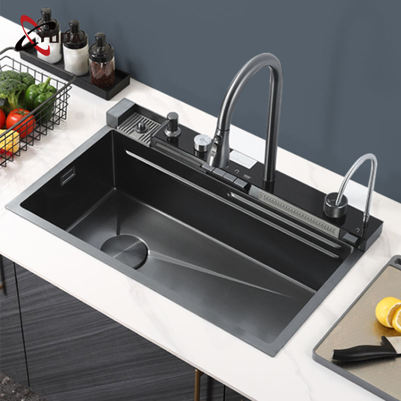 Multi Functional Waterfall Kitchen Sink Nano Black Knife Holder Handmade Kitchen Sink with Cup Washer