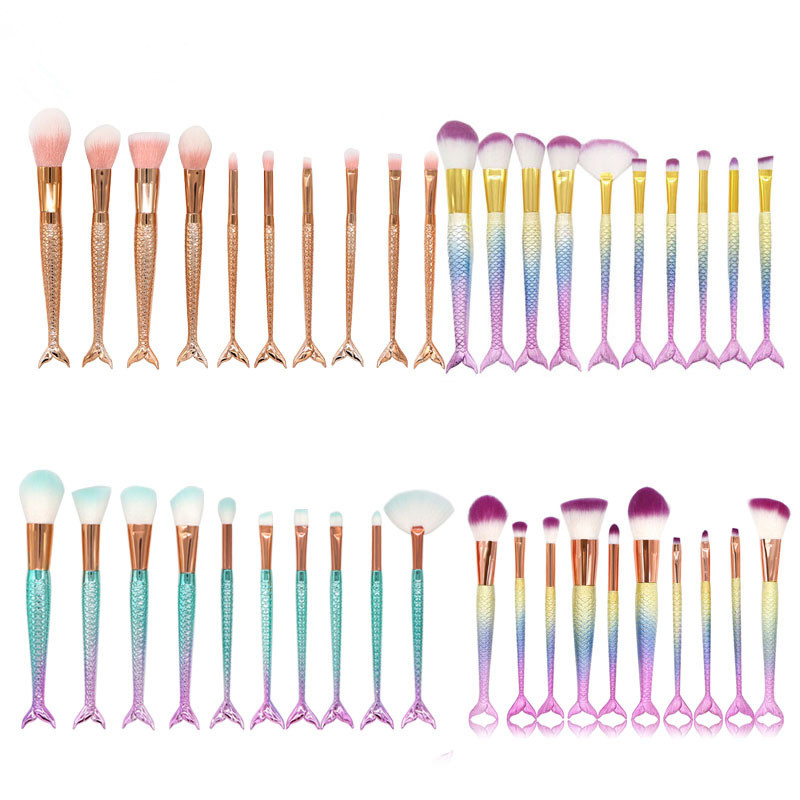 10PCS PRO Mermaid Makeup Brushes Foundation Eyebrow Eyeliner Blush Powder Cosmetic Concealer Professional Makeup Brushes Set