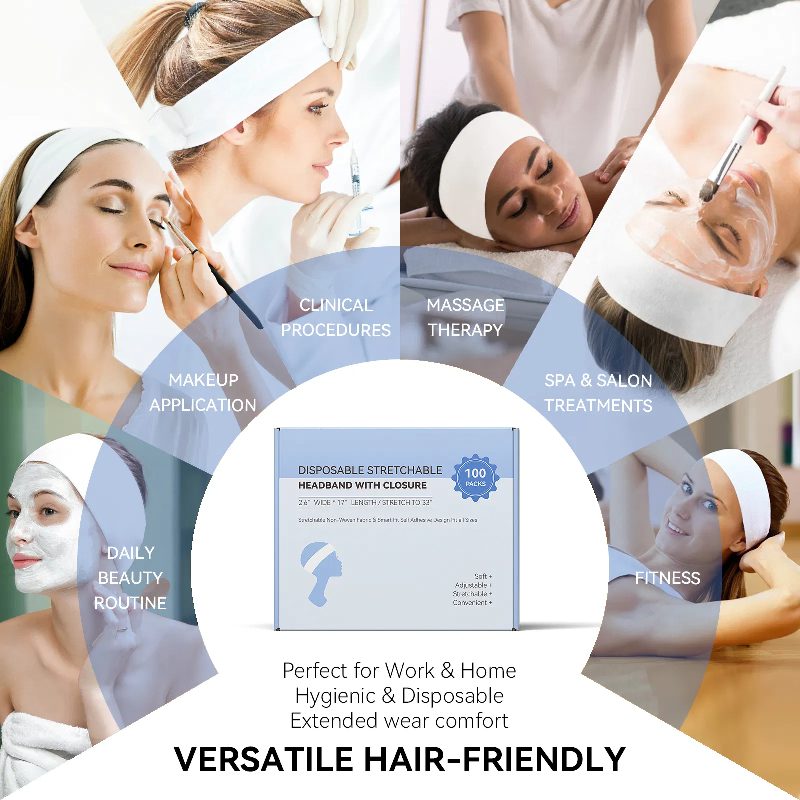 Disposable SPA Facial Headbands Elastic Bandeau with Adjustable Magic Tape for Women's Daily Use Beauty Personal Care