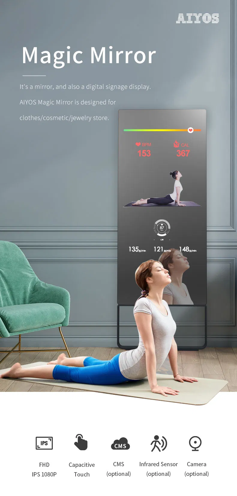 Floor Standing Kiosk 43 Inch Smart Magic Fitness Mirror Screen Display Digital Signage for Gym