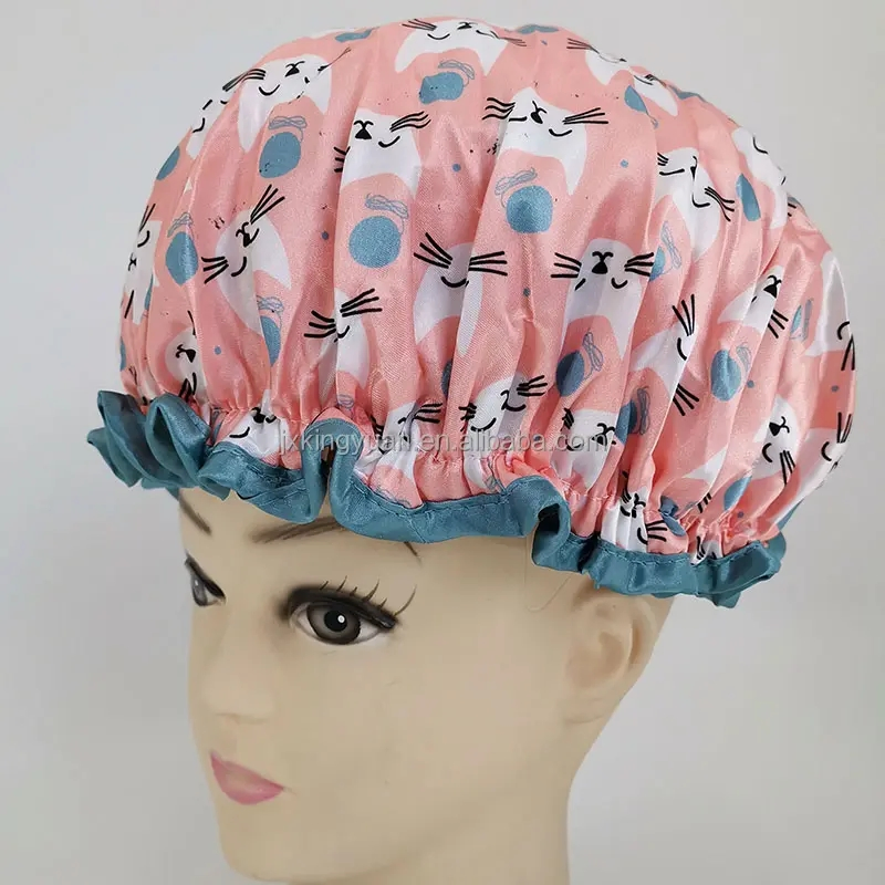 White Cats Luxury Flower Printing Satin Shower Caps Custom Logo Available