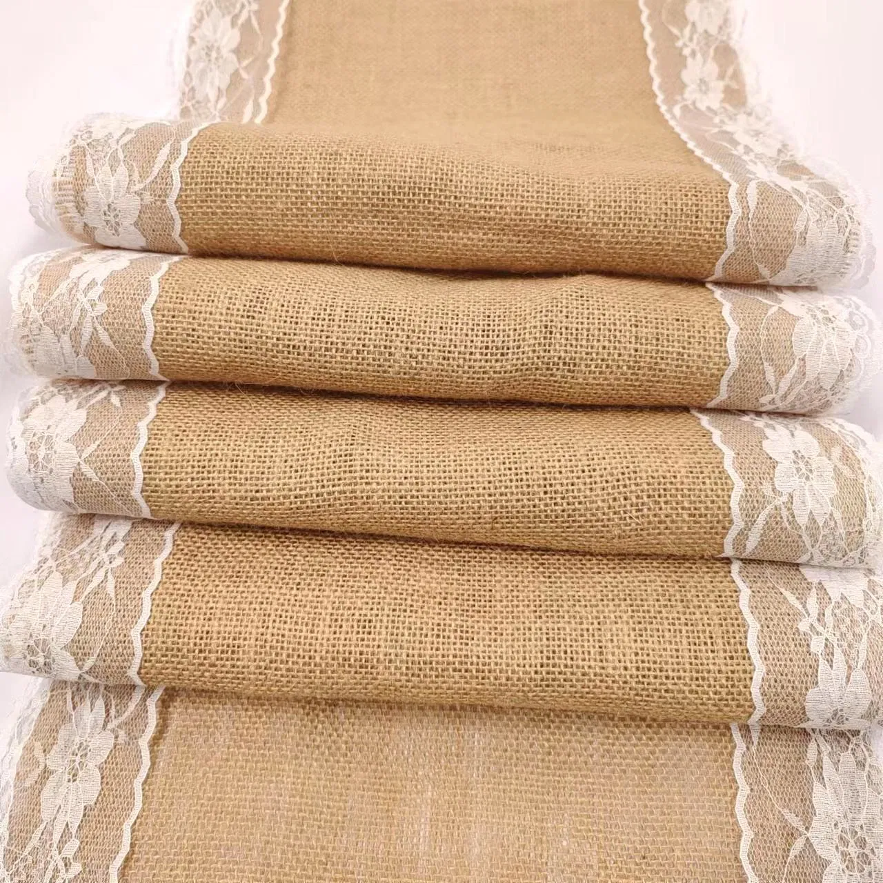 Natural Jute Fabric Table Runner with Lace for Wedding Decorations