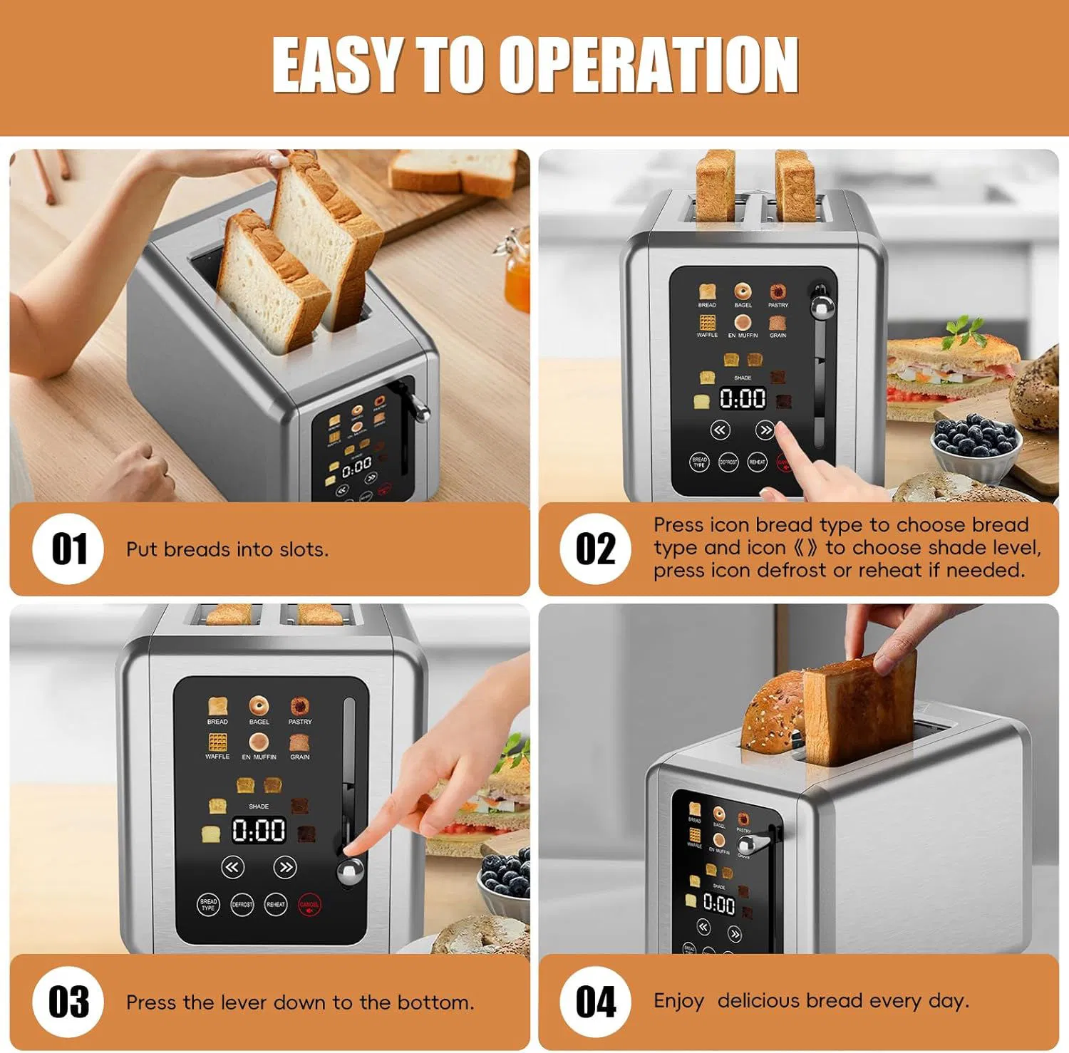 Commercial 2-Slice Smart Toaster with LED Screen for Toast Bun Bagel Warming