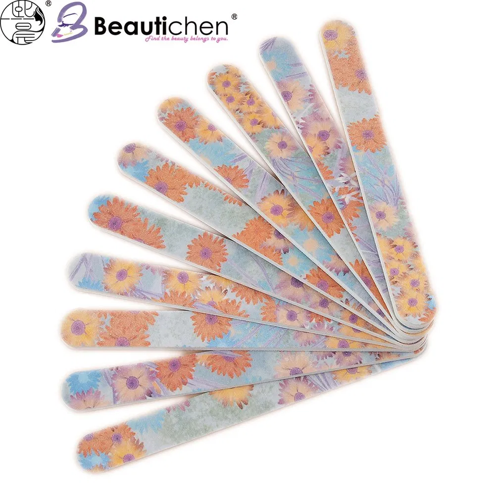 Beautichen Floral Pattern Nail Files – Set of Fan-Shaped Nail Buffers with Orange & Yellow Flowers on Light Blue Background – Smooth & Durable Nail