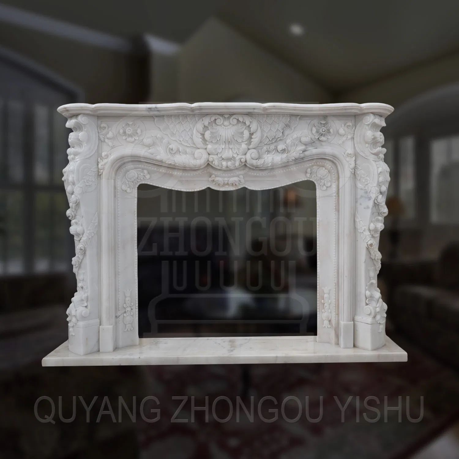 Majestic Dark Marble Fireplace Surround with Lion Sculpture