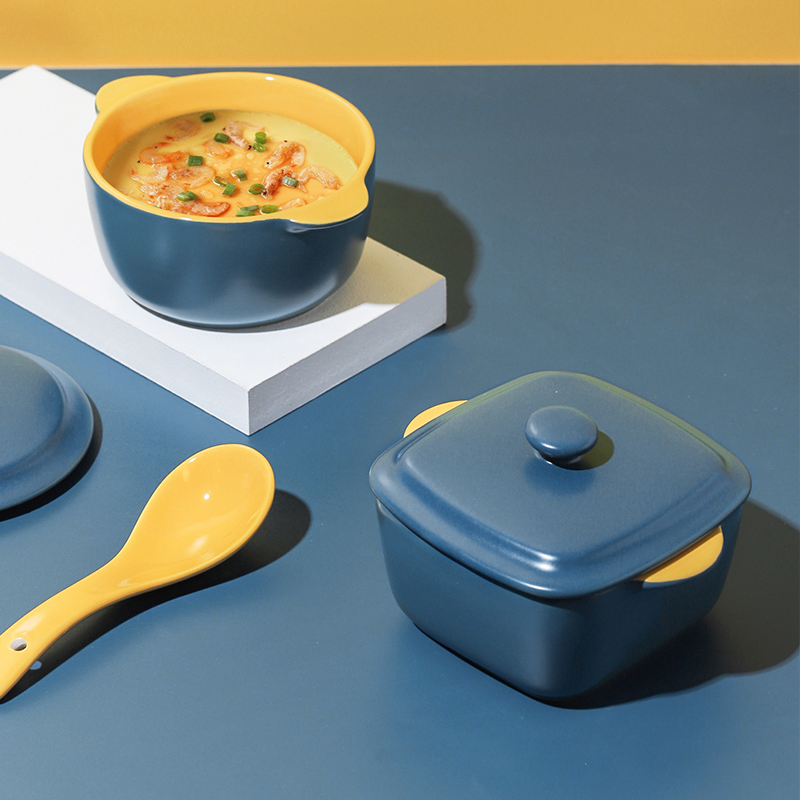 Ceramic Anti-Scald Double Ear Small Stew Pot Baking Soup Bowl with Lid