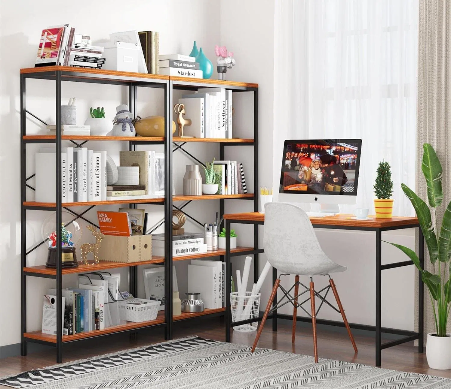 Modern 5-Tier Brown Metal Frame Bookcase with Durable Wire Shelves