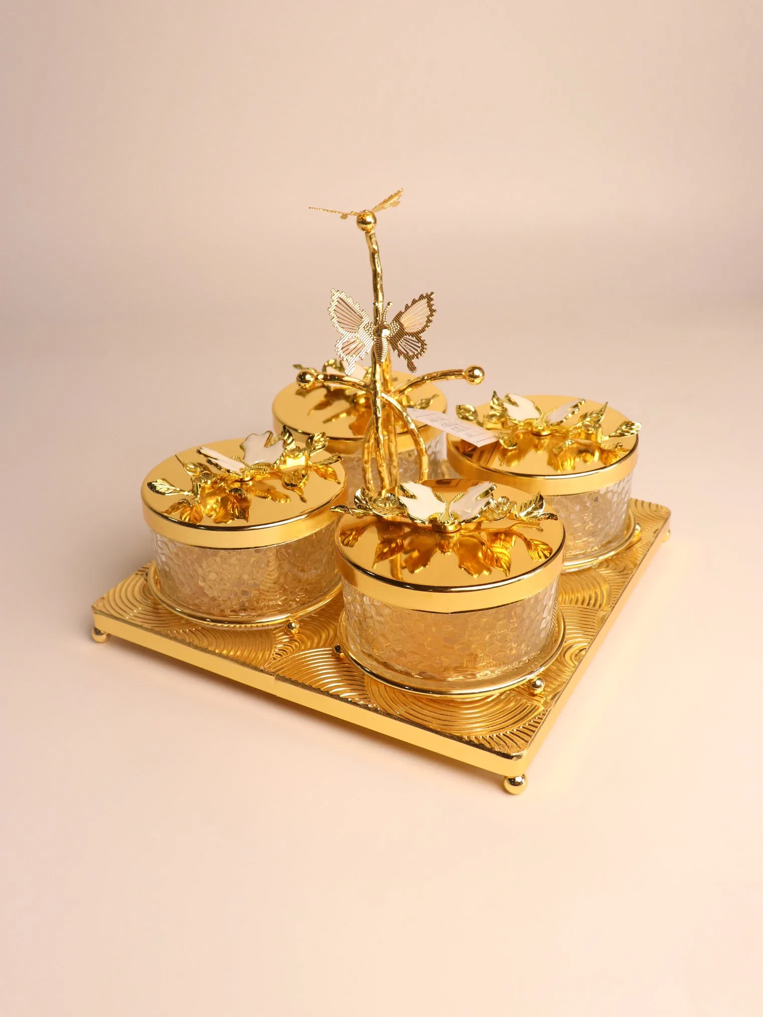 Elegant Butterfly Pattern Fruit Bowl Set with Gold-Plated Iron Stands