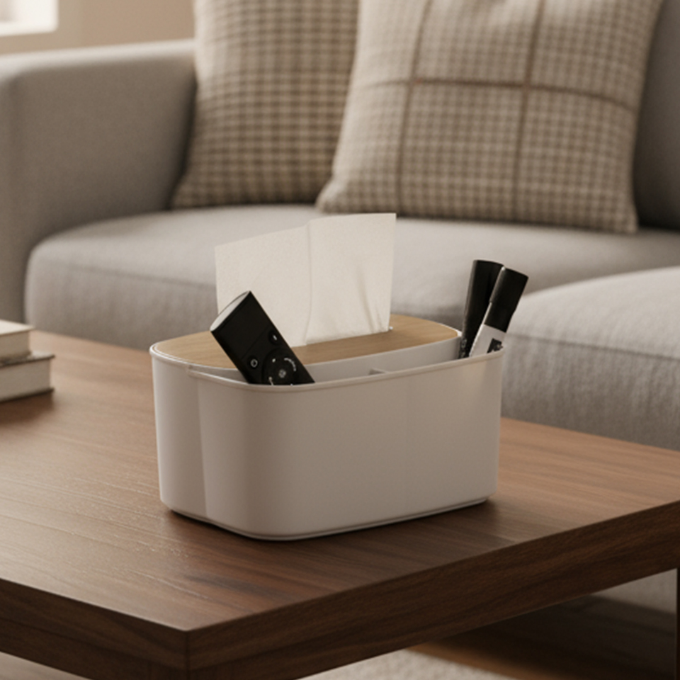 Wood Lid Tissue Box Holder with Storing Room for Little Gadget