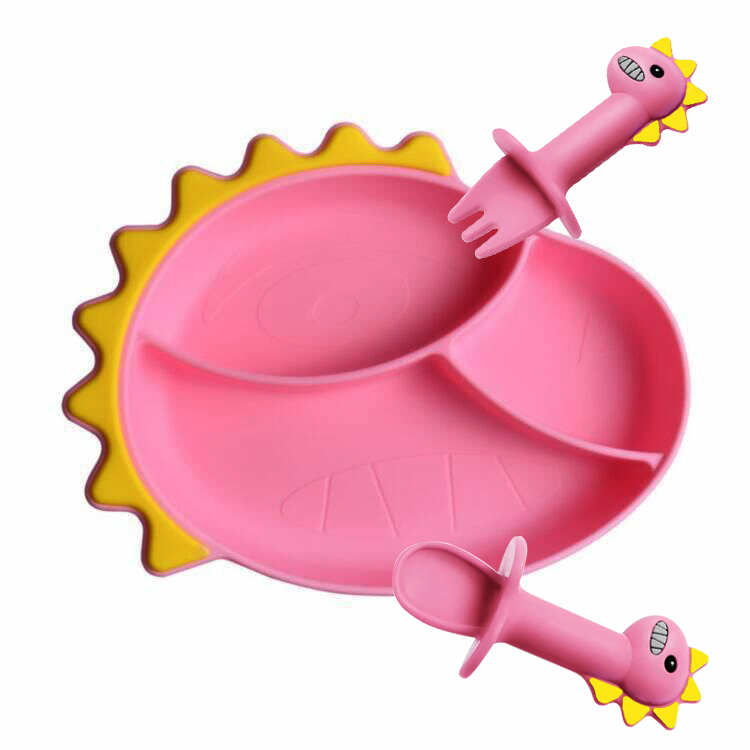 Cute Dinosaur Silicone Baby Feeding Plate and Utensils Set