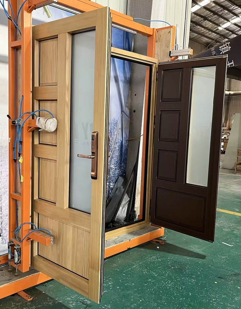 Penjoy Soundproof Energy Efficient Aluminum Clad Wooden Door Exterior Tempered Glass Door