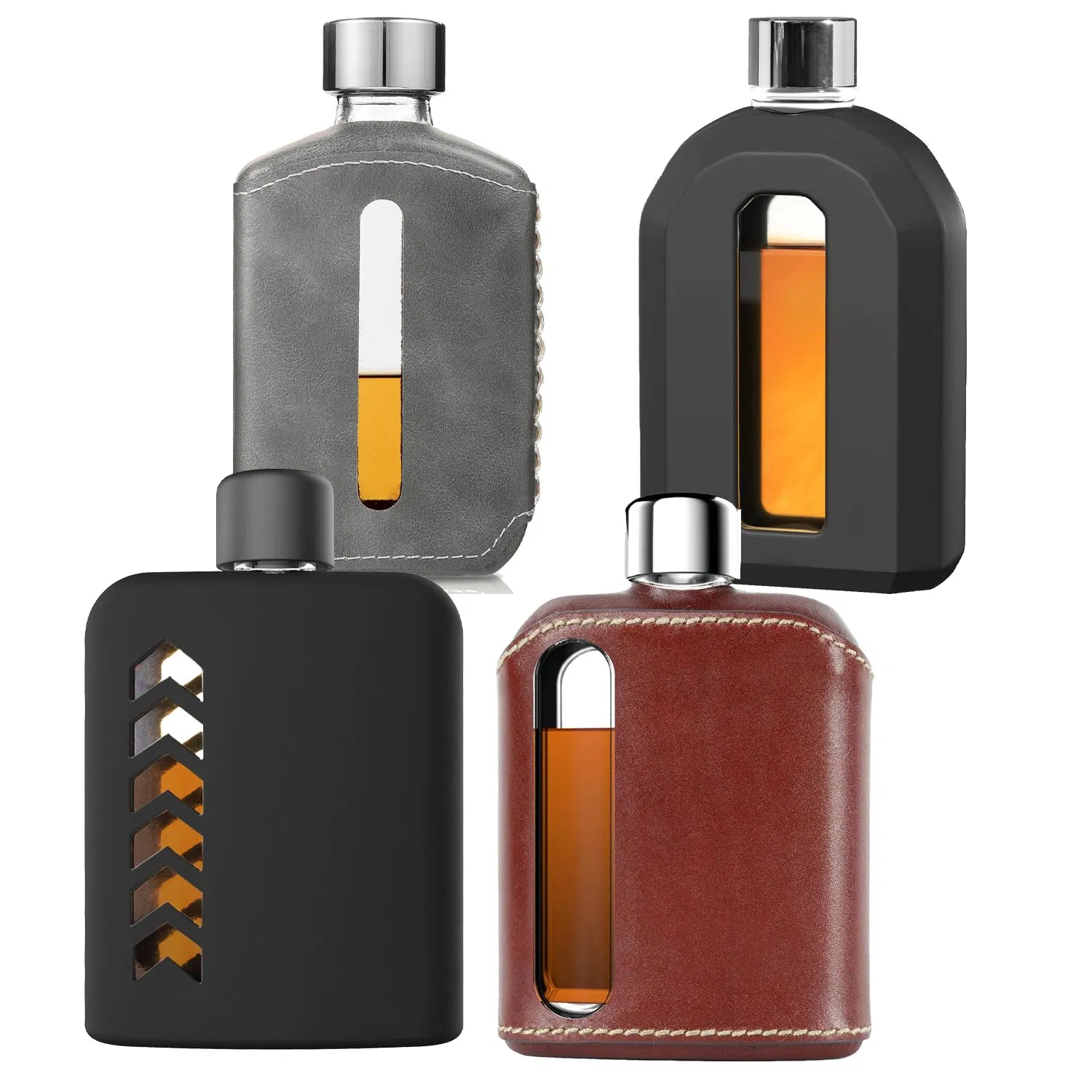 OEM ODM Protective Silicone Leather Sleeve Glass Hip Flask with Leakproof Lids