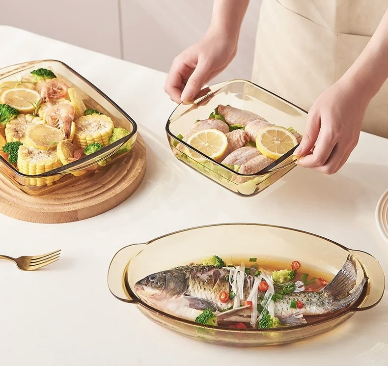 Bestfull Fashion Amber Round Oval Dishes High Borosilicate Glass Baking Dishes Cooking Bakeware Pan
