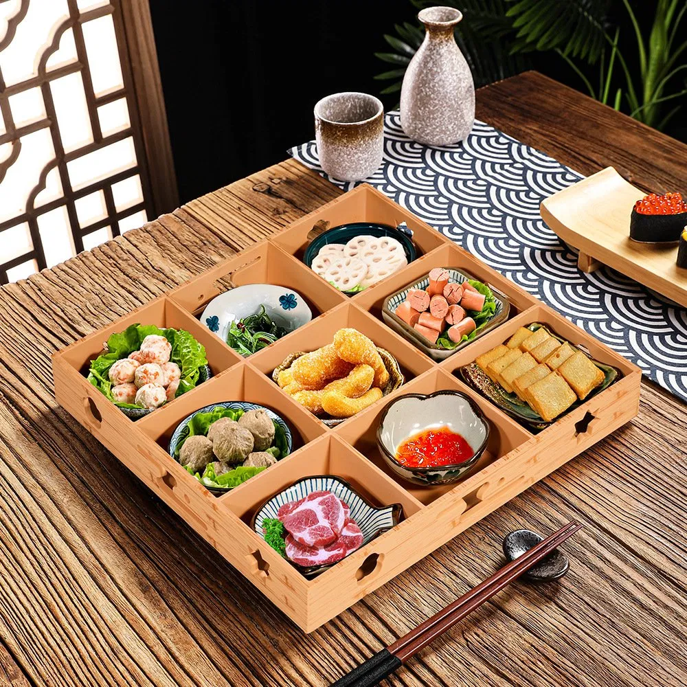 Wholesale Brown Plastic Divided Plate 6 Grids Container for Restaurant Sushi Hot Pot