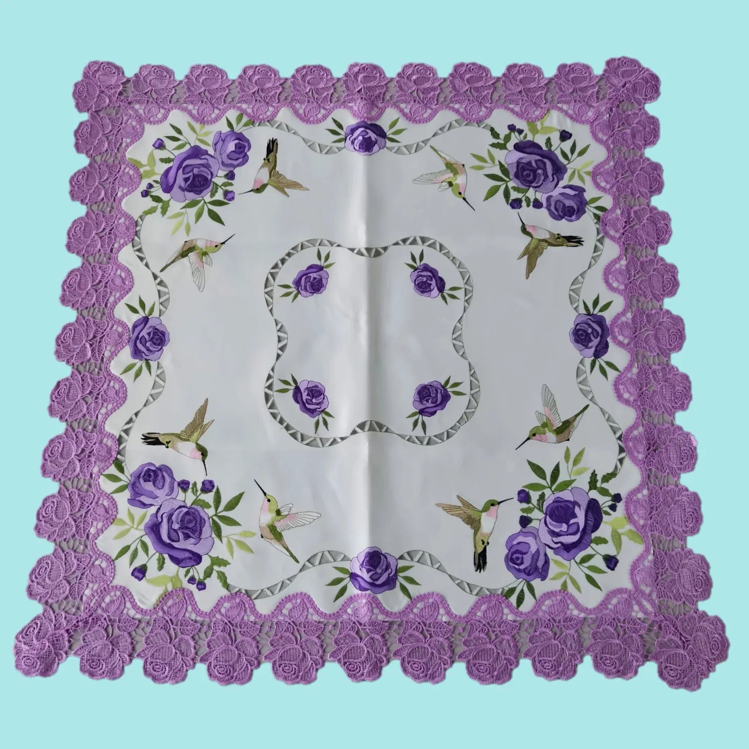 Hummingbirds and Rose Flowers Embroidered Tablecloth