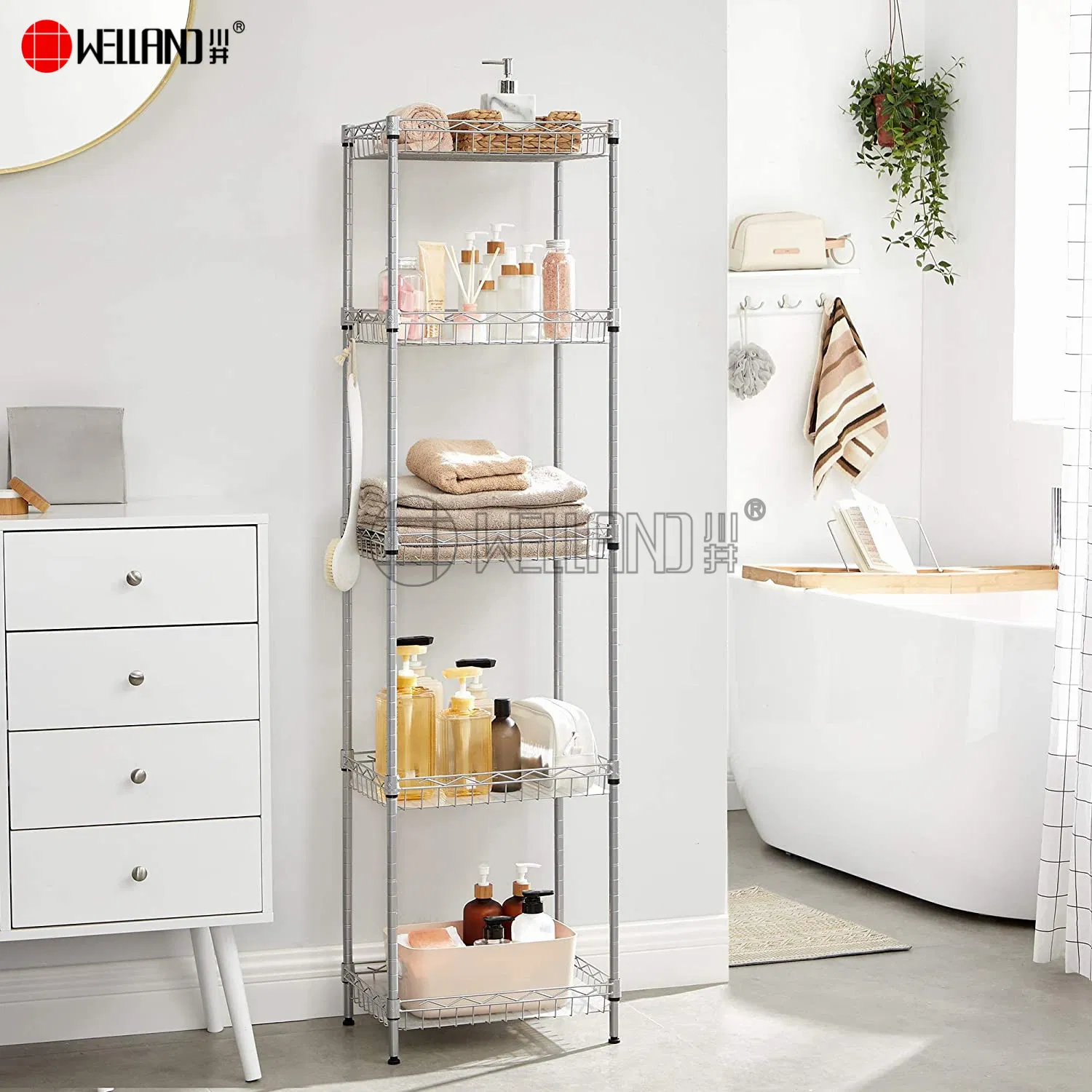 Vertical 5 Tiers DIY Black Steel Wire Storage Baskets for Shelves