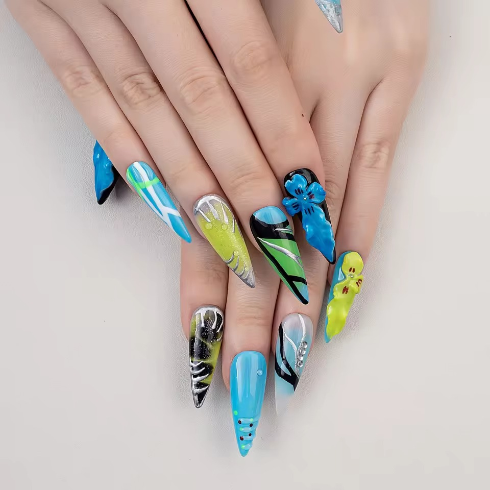 New Design 10PCS Blue Flower Acrylic Stiletto Handmade Press on Nails