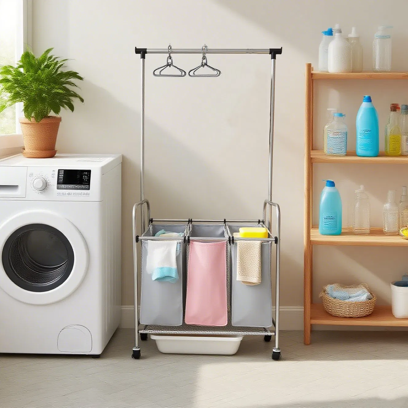 3-Tier Foldable Laundry Hamper Detachable Design Clothes Rack with 4 Rotary Wheels