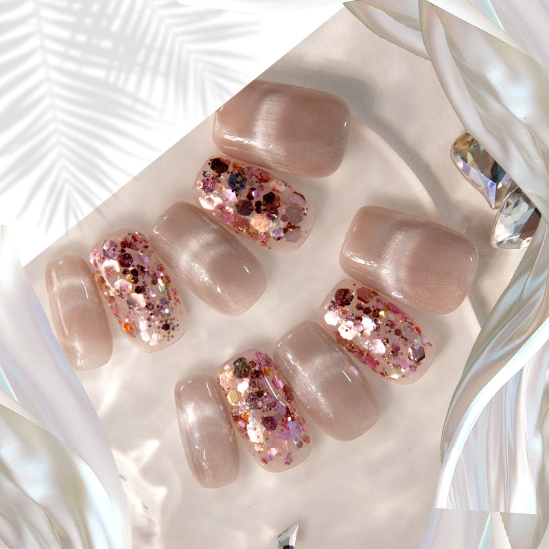 Customizable False Nails with Glitter & Cat Eye Effect - Elegant Press-on Nail Art Designs