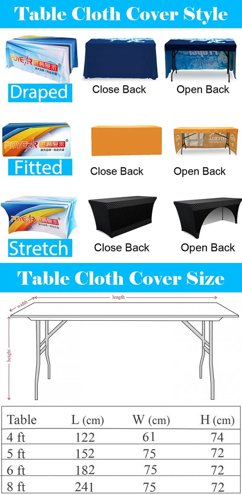 Custom Print Promotional Brand Business Tablecloth Logo Trade Show 4FT 5FT 6FT 7FT 8FT Fitted Stretch Draped Table Cover Throw Runner Waterproof Table Cloth