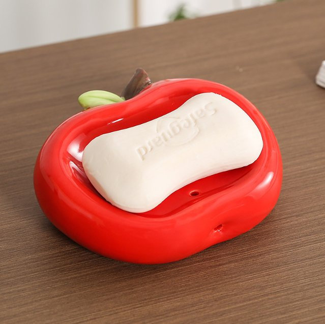Apple Ceramic Soap Dish Bathroom Sink Soap Holder, Drainable, Non-Standing Water