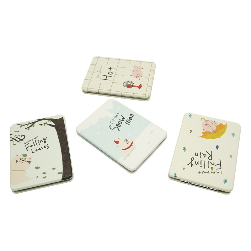 Cute Cartoon PU-Leather Travel Folding Compact Mirror-Printed Flip-Top Square Double-Sided Makeup Mirror for Students