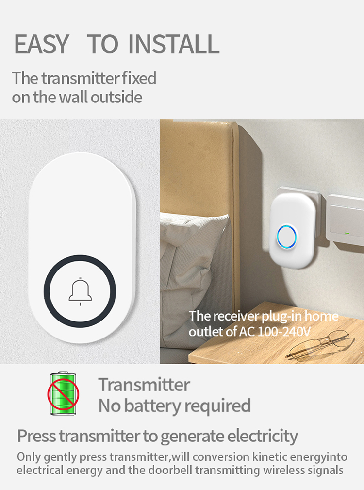 Kinetic Wireless Doorbell 4 Adjustable Volume 32 Ringtone Door Chime