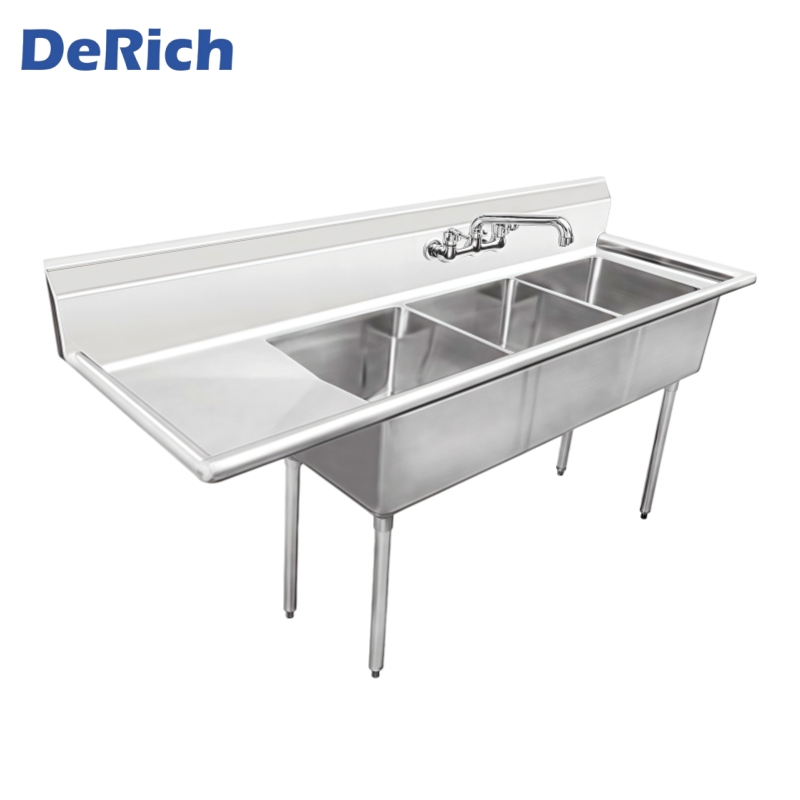 Derich Canadian Style Industrial Stainless Steel Sink Three Compartments Table Sink Bench Sink with Draining Board Left