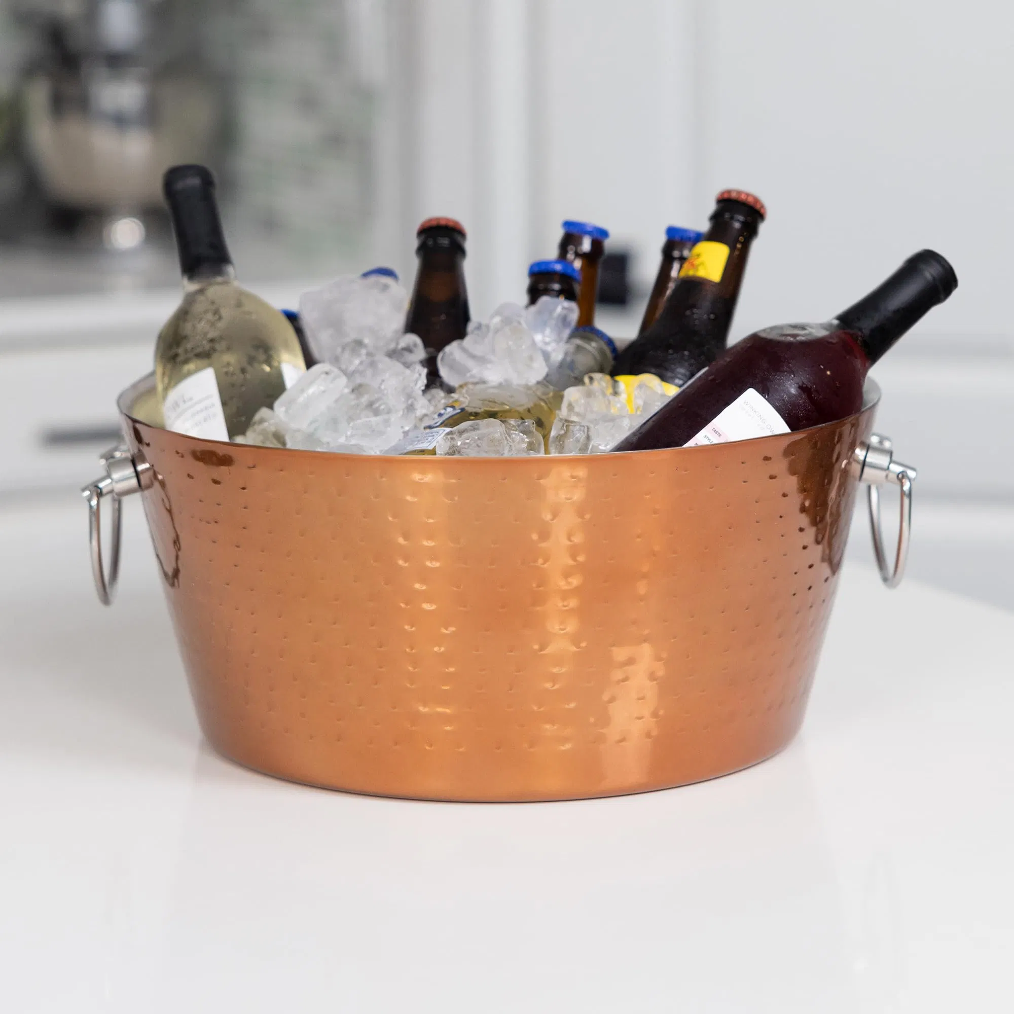 Hammered Stainless Steel Beverage Double Walled Insulated Anchored Drink Tub Ice Bucket