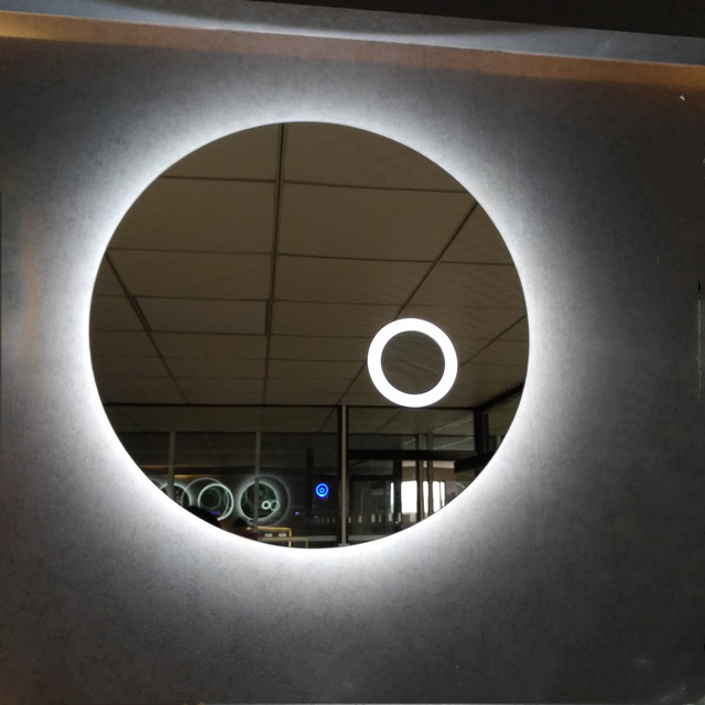 Round LED Bathroom Mirror with Magnifying Glass Mounted on Wall