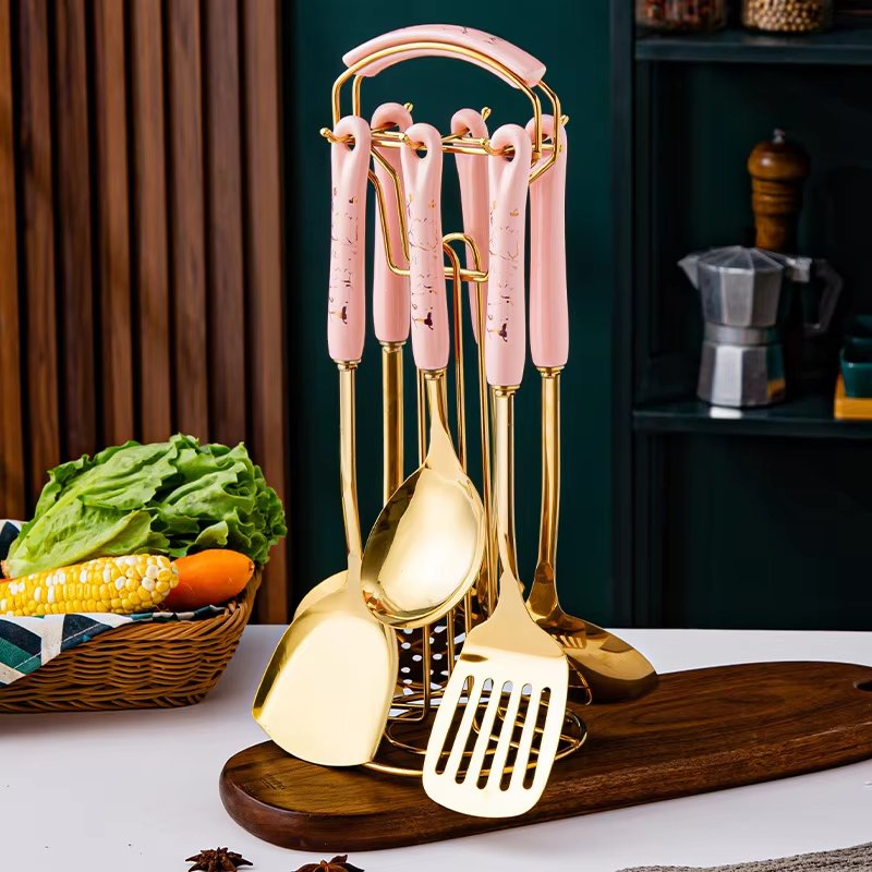 New Arrivals 7PCS Stainless Steel Kitchenware Set Kitchen Accessories Utensils Cooking Tools with Ceramic Handle