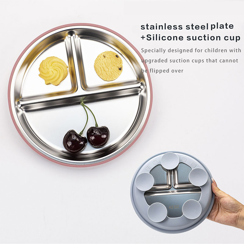 Stainless Steel Baby Plate with Removable Silicone Suction Base Toddler Divided Plate