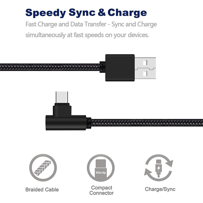Wholesale Micro Fast Black Nylon Braided Micro USB 2m Cell Phone Charger Long Right Angle Data Cable