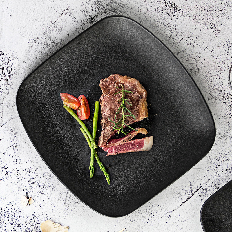 10 Inch Ceramic Square Flat Plates Cast Iron Black Steak Western Plate