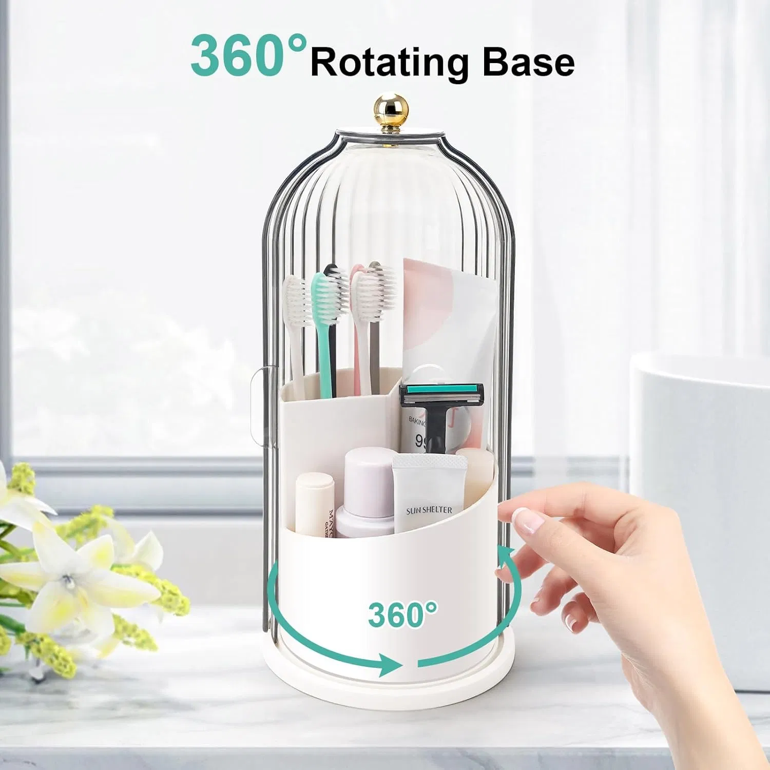 Elegant Birdcage Shaped Plastic Clear Cosmetics Toothbrush Holder with Sliding Lid