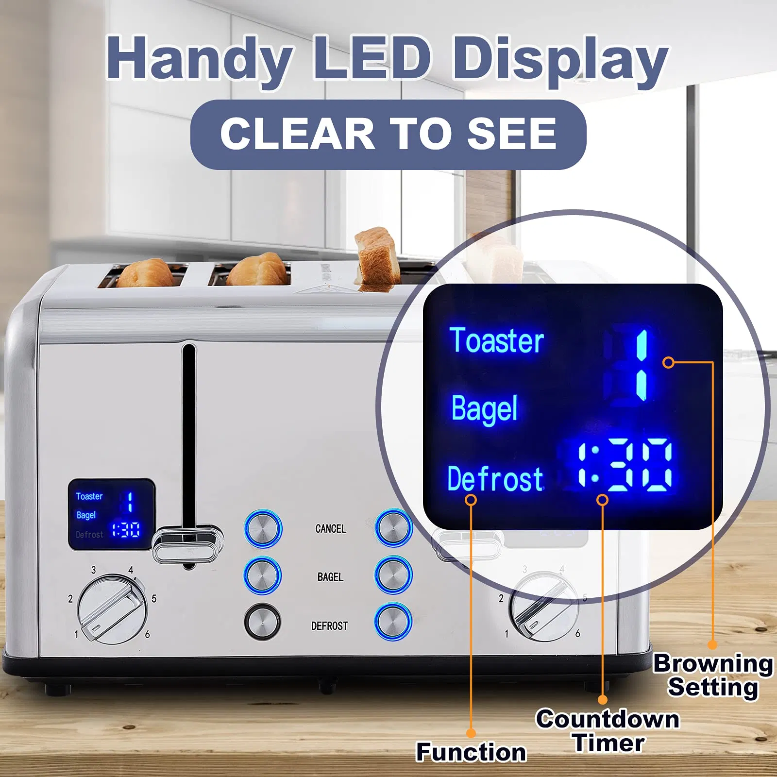 Factory Price 6 Shade Settings 4 Slice Stainless Steel Bread Toaster