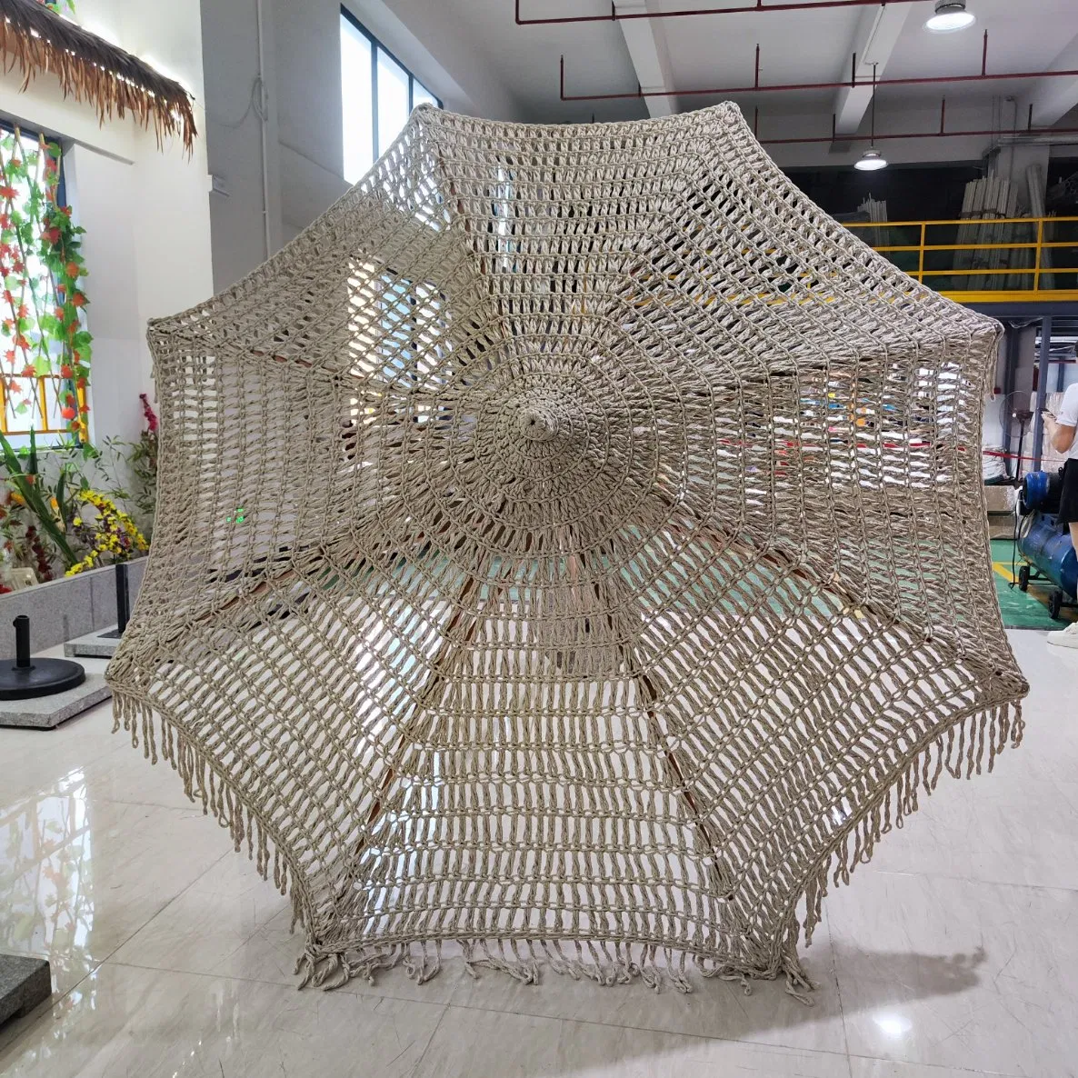 Product Outdoor Wooden Umbrellas Parasol Beach 2.5m Macrame Cotton Rope Parasol Manufacturer Hot Sale Luxury Outdoor Furniture Null