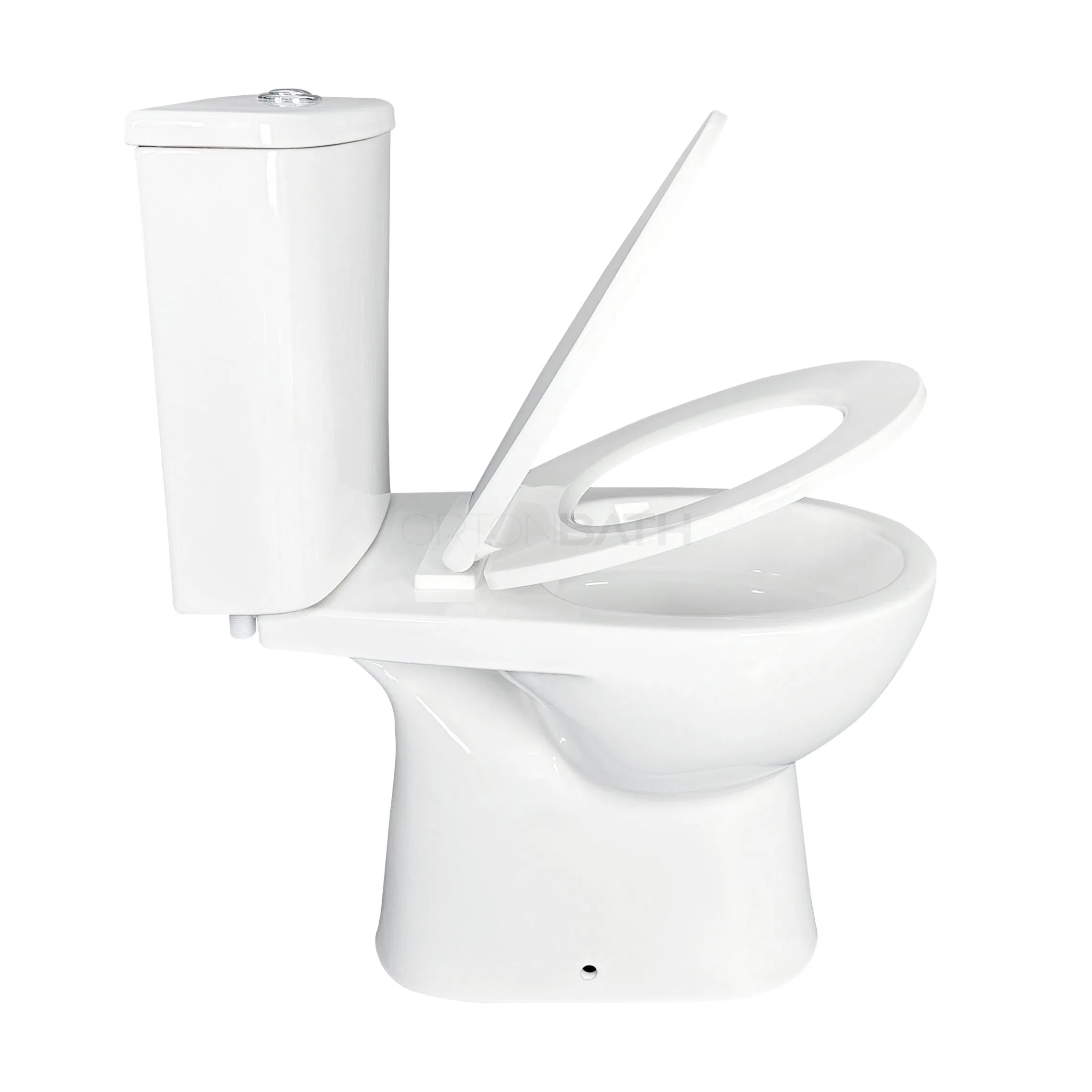 Ortonbath New Design Rimless Washdown Close Coupled Two Piece Toilet with PP/UF Soft Close Seat Cover, Flush Valve and S Trap Outlet