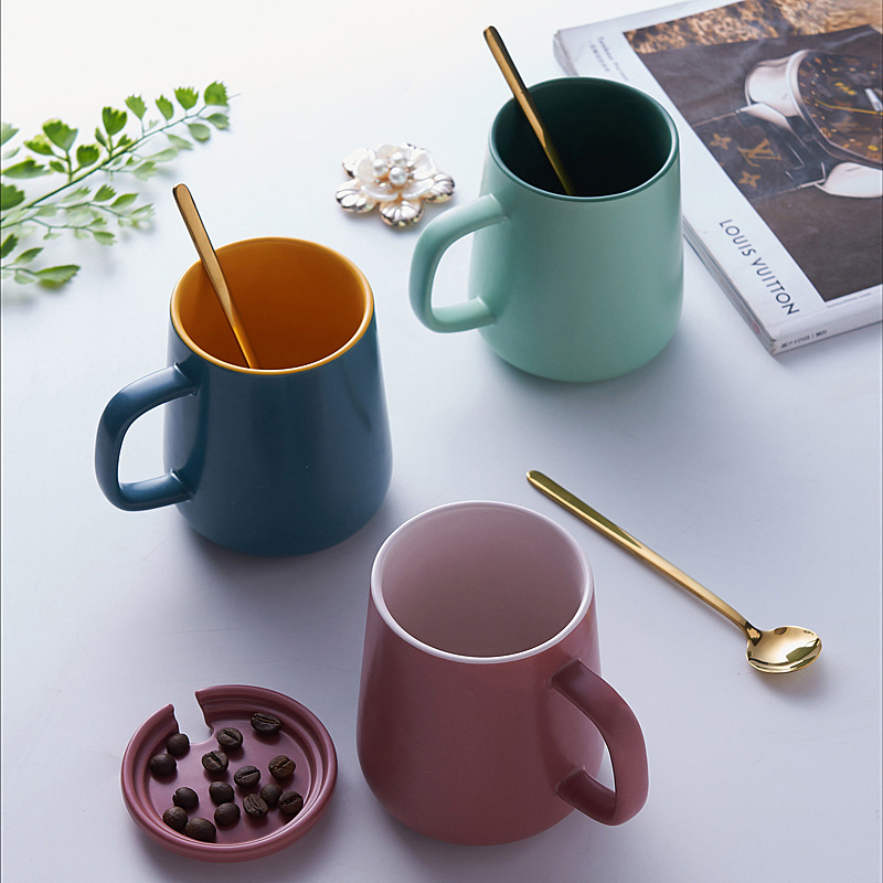 Simple Contrast Color Nordic Ceramic Mug Creative Coffee Water Cup with Lid and Spoon