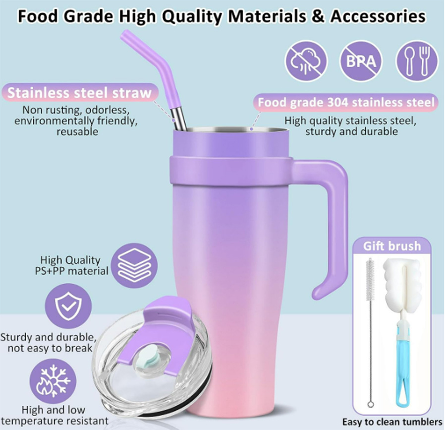 Double Wall Vacuum Reusable Stainless Steel Tumbler with Handle and Straw Lid