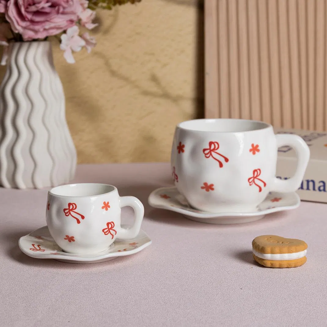 Ceramic Coffee Mug with Saucer Set for Latte Tea Milk, Cute Creative Love Heart & Bow Ceramic Mug Cup Unique Irregular Design for Office and Home