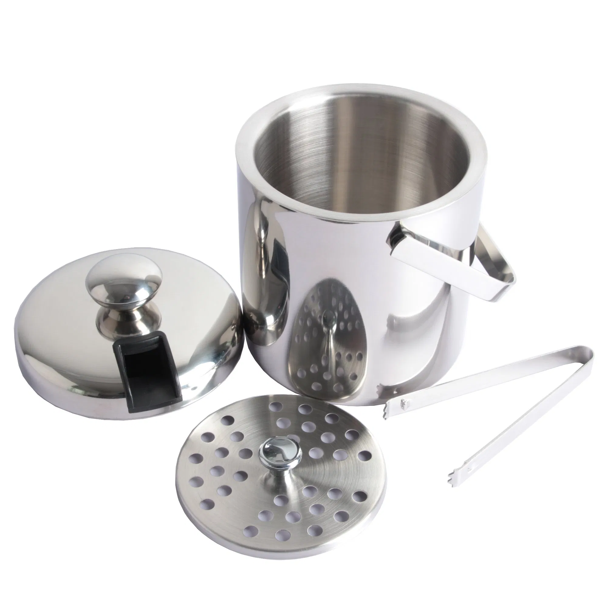 Double Wall Ice Bucket with Lid, Ice Tongs and Strainer
