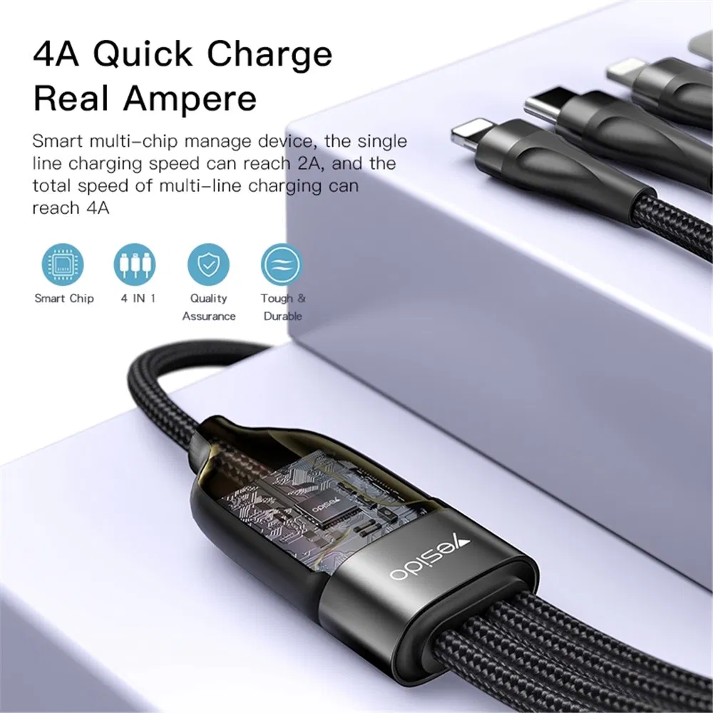 Yesido Ca110 4 in 1 Charging Cord Type-C to Type-C*2+Lightning*2 Nylon Braided Cell Phone Cable