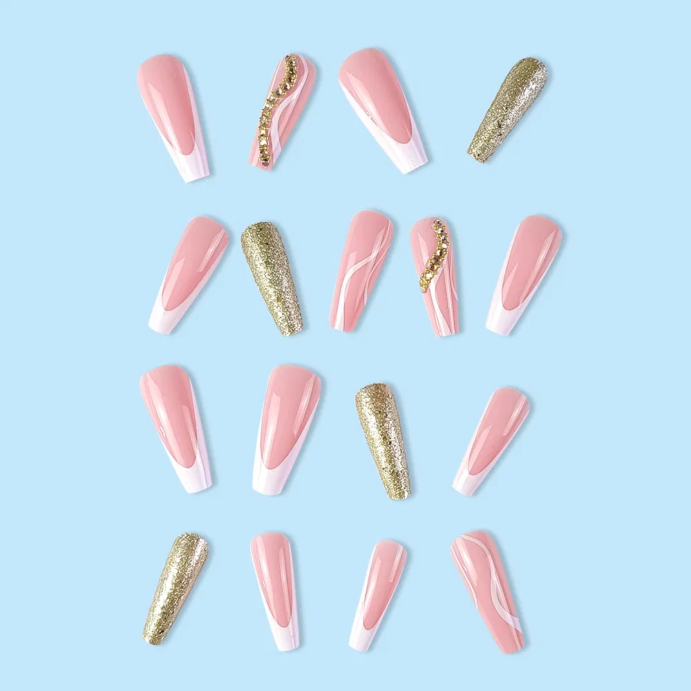 Pink Fake Nail Patch with Diamond Glitter Wearing Nail Art