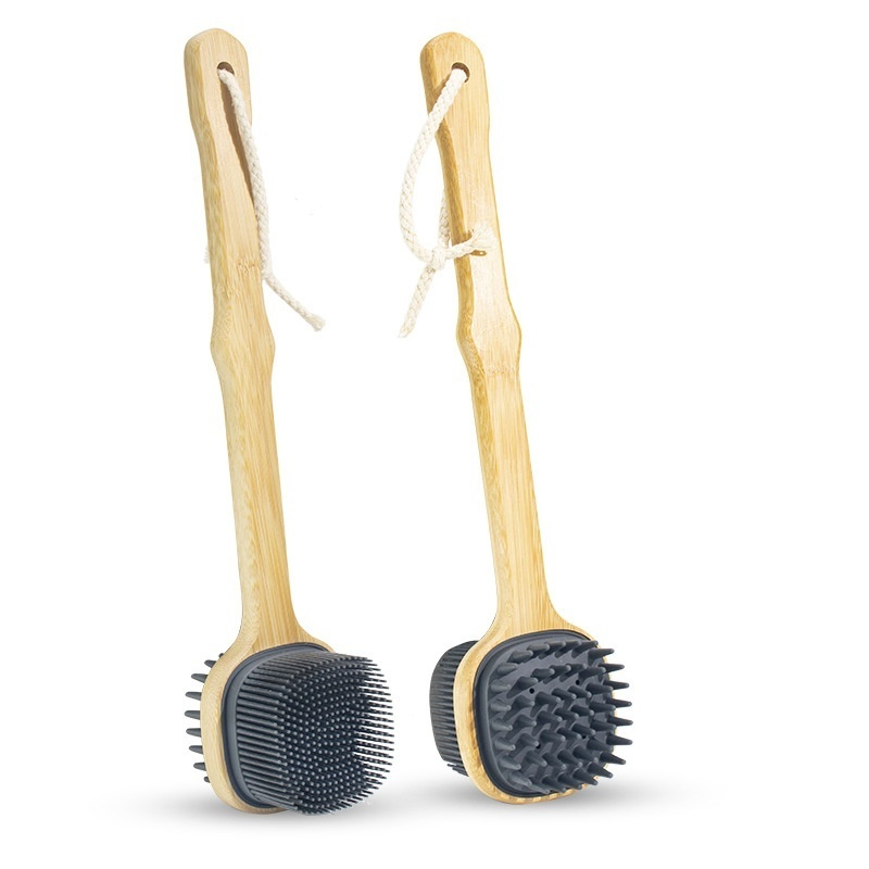 Long Handle Message 2 in 1 Exfoliating Soft Silicone Shower Brush Body Scrubber with Soft Bristles, Detachable Bamboo Handle