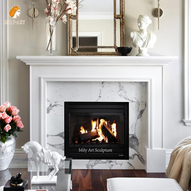 Hand Carved Natural Stone Modern White Marble Fireplace Wall Frame