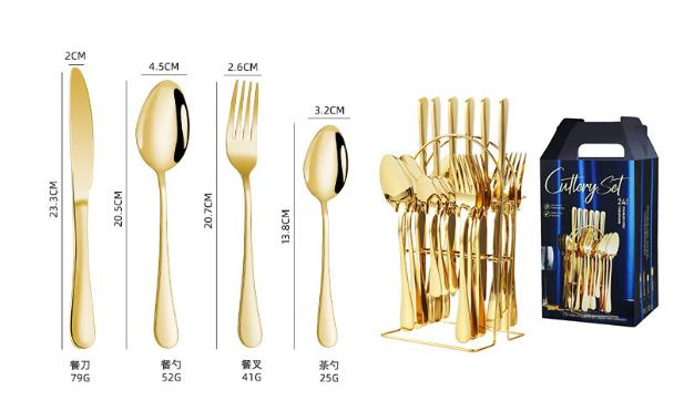 Stainless Steel 24 Pieces Silverware Case Spoons Forks Sets Flatware Gold Cutlery Set