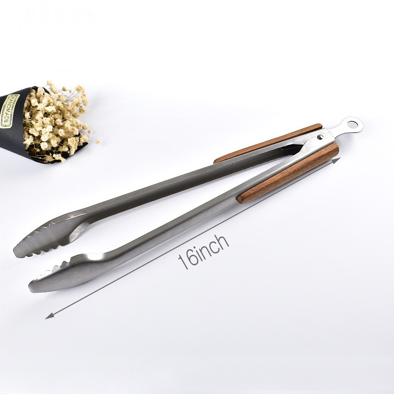 High Quality Food Grade Kitchen Cooking Tongs Stainless Steel Kitchen Food Tongs with Wood Handle