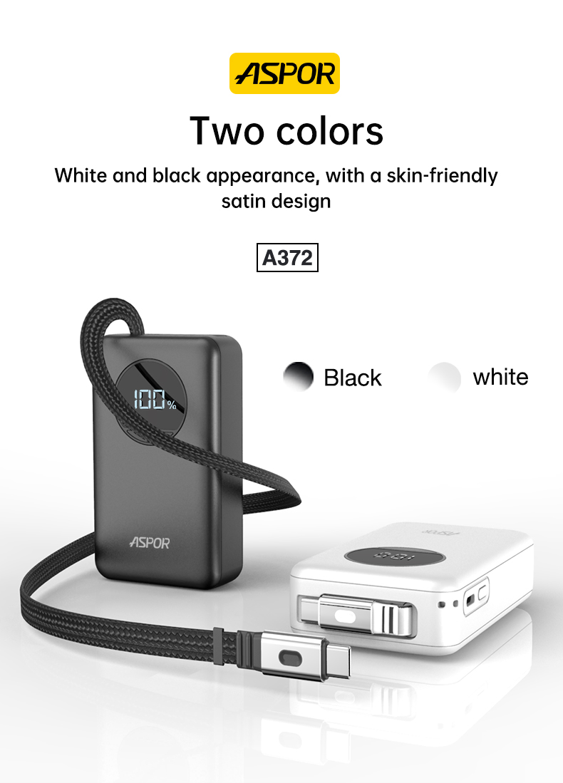 10000mAh Portable Power Bank with Built-in Retractable Charging Cable A372